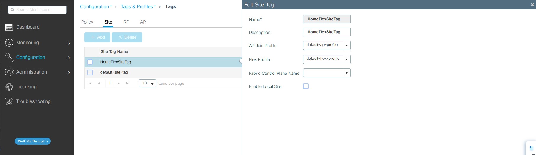 Configuration -> Tags - > Site